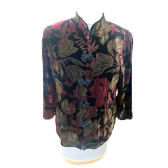 Velvet Silk Blend Floral Jacket Mandarin Collar Frog Clos Sz M Vintage Lutar - Picture 3 of 8